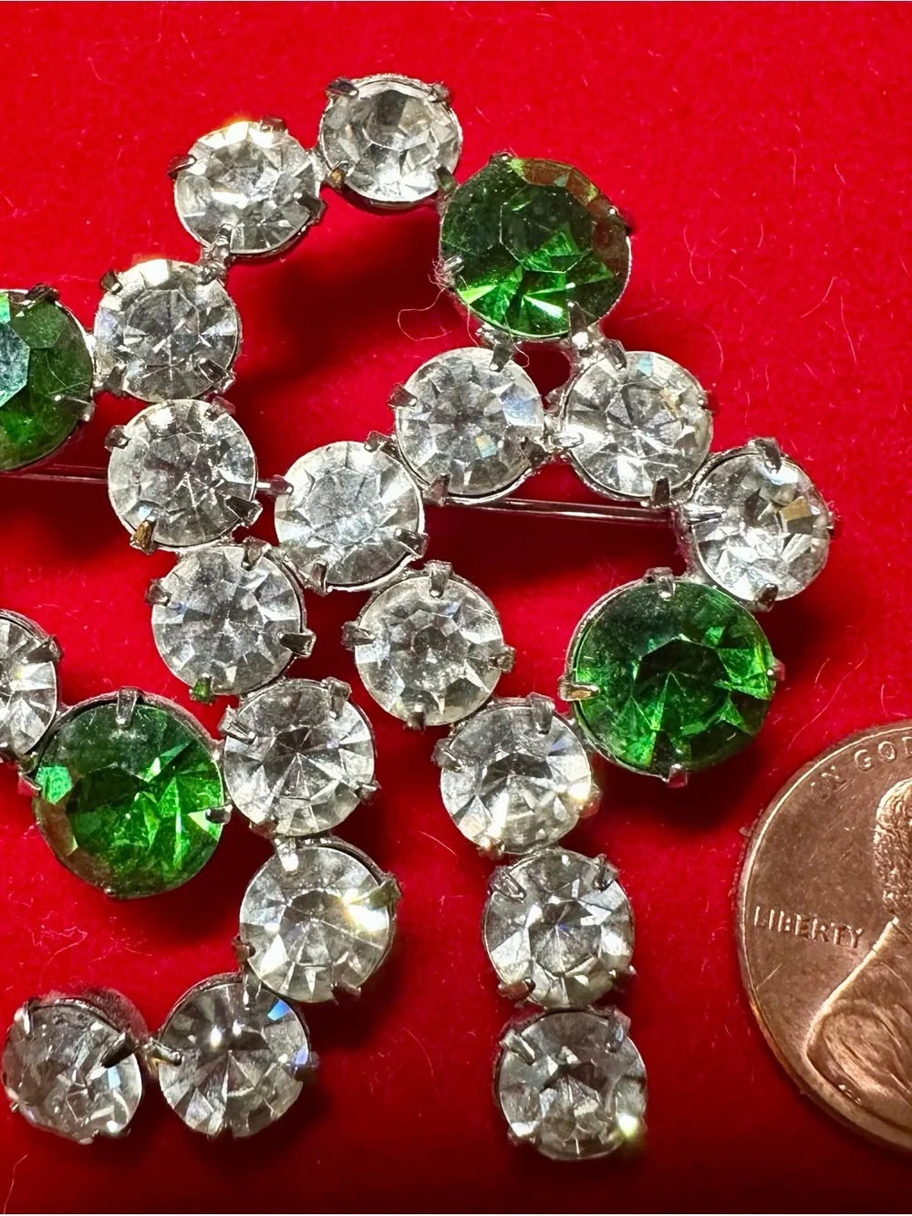 Unique Vintage Green and Clear Rhinestones Cluster Brooch